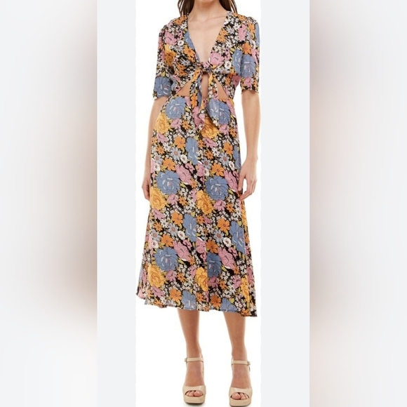 WAYF Womens Rosalind Floral Print Front Tie Midi Dress. Womens size S - Picture 9 of 9